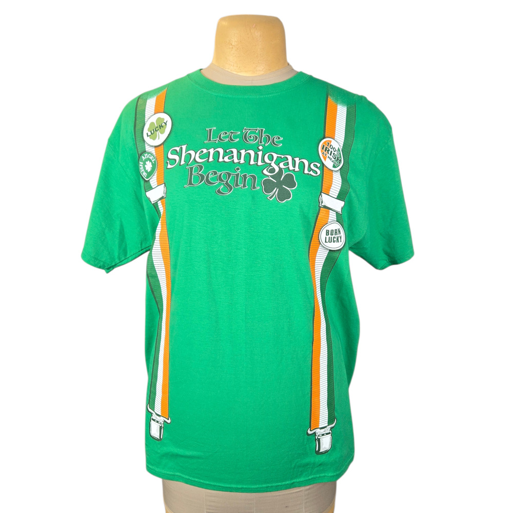 Fruit of the Loom St. Patrick's Day T-Shirt Men's L Green Shenanigans Suspenders